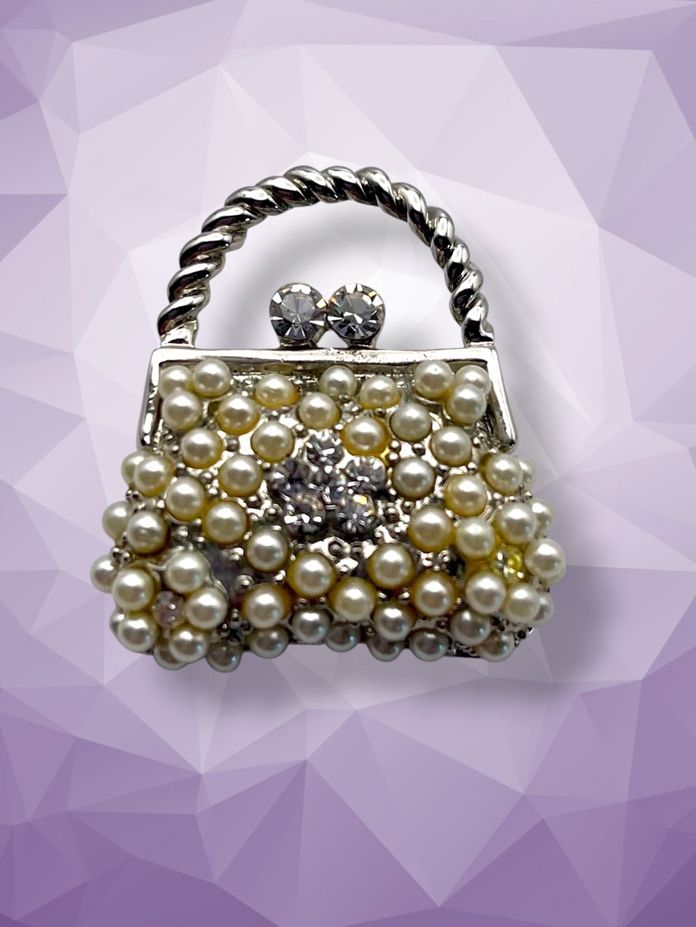 Dazzling Vintage Pearl and Rhinestone Purse Brooch Dainty Petite Estate Piece